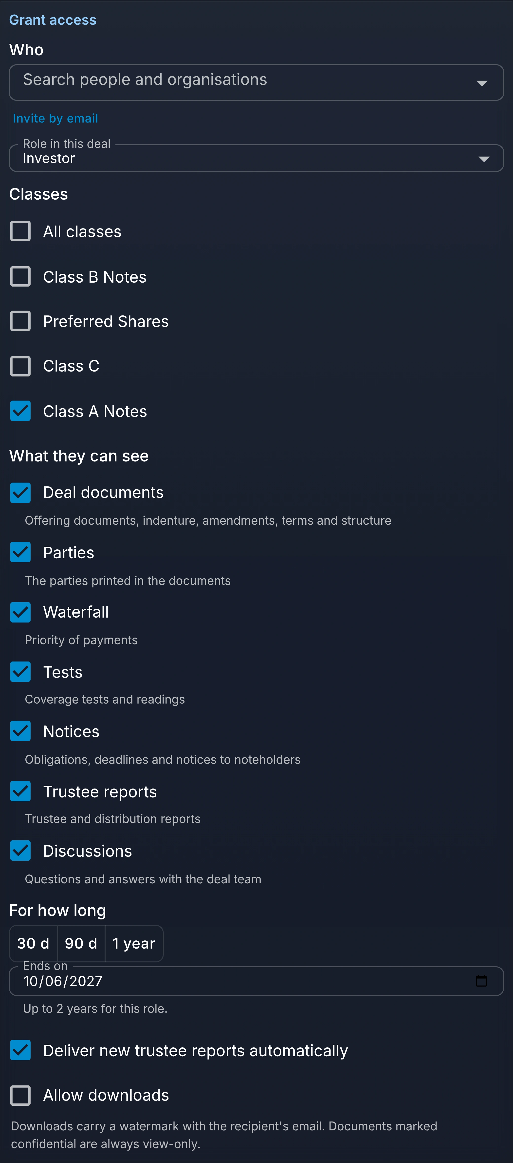 A form for granting access, with choices for who, what scope and how long.