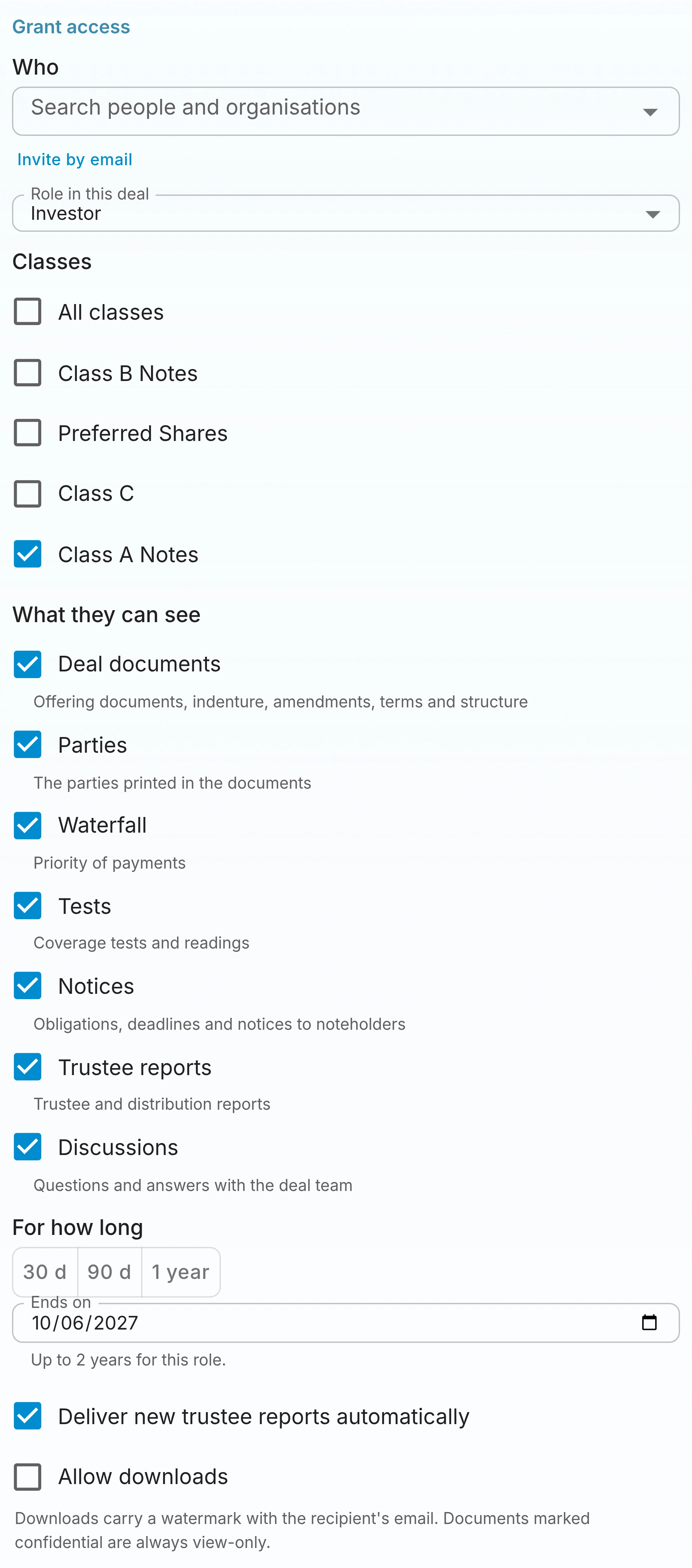 A form for granting access, with choices for who, what scope and how long.