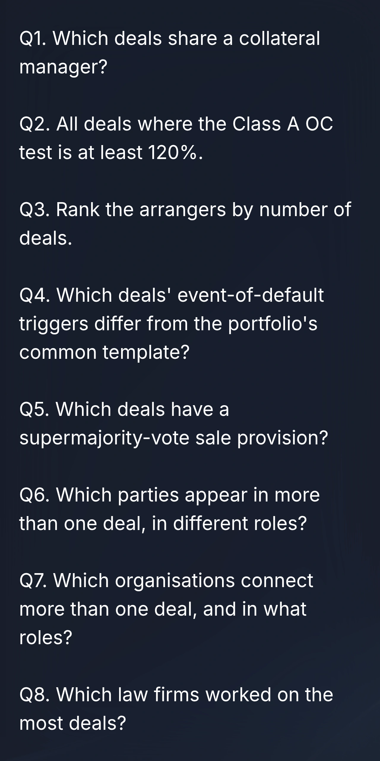 A list of prepared questions that can be asked of every deal in a book.