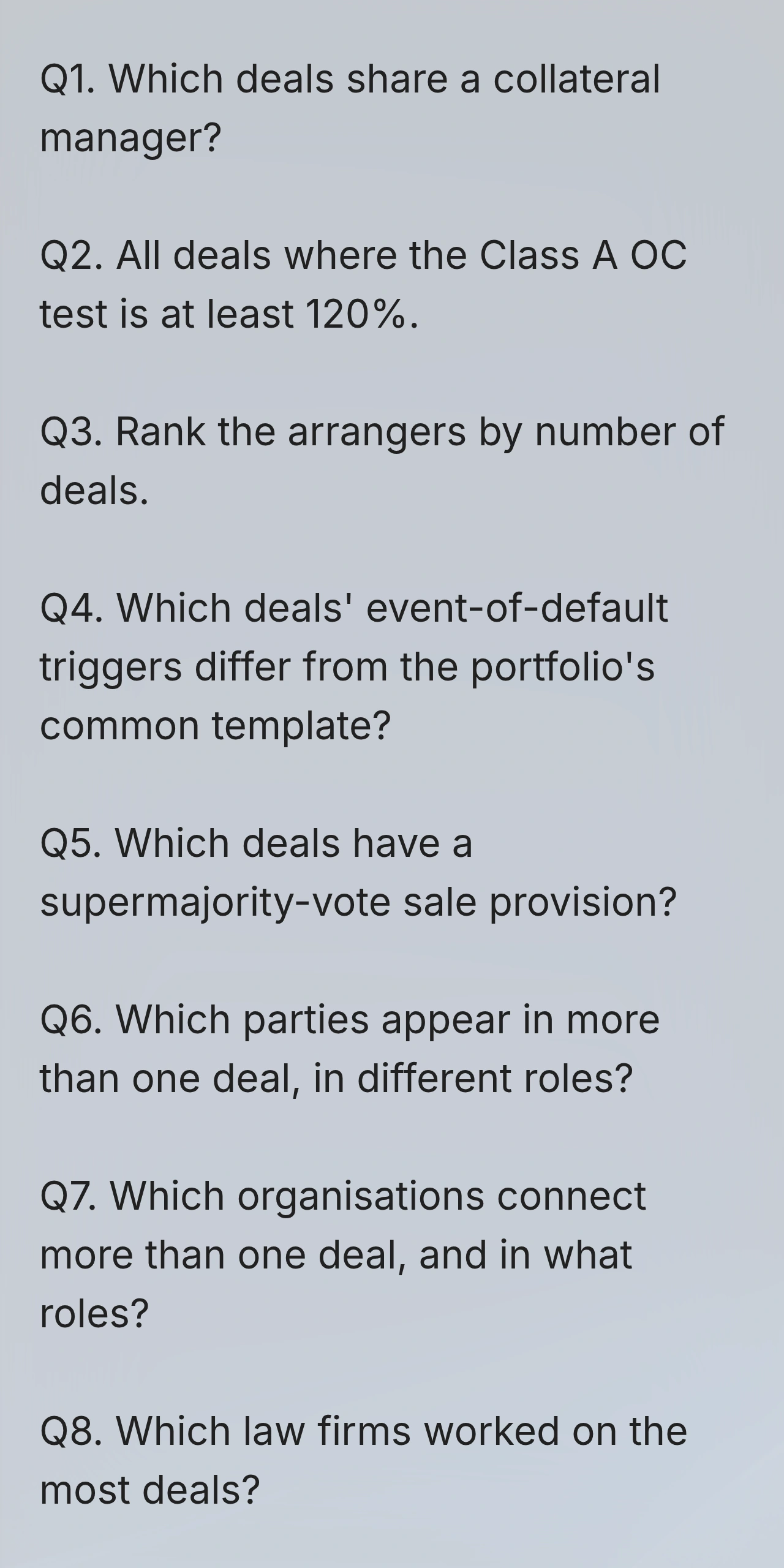 A list of prepared questions that can be asked of every deal in a book.
