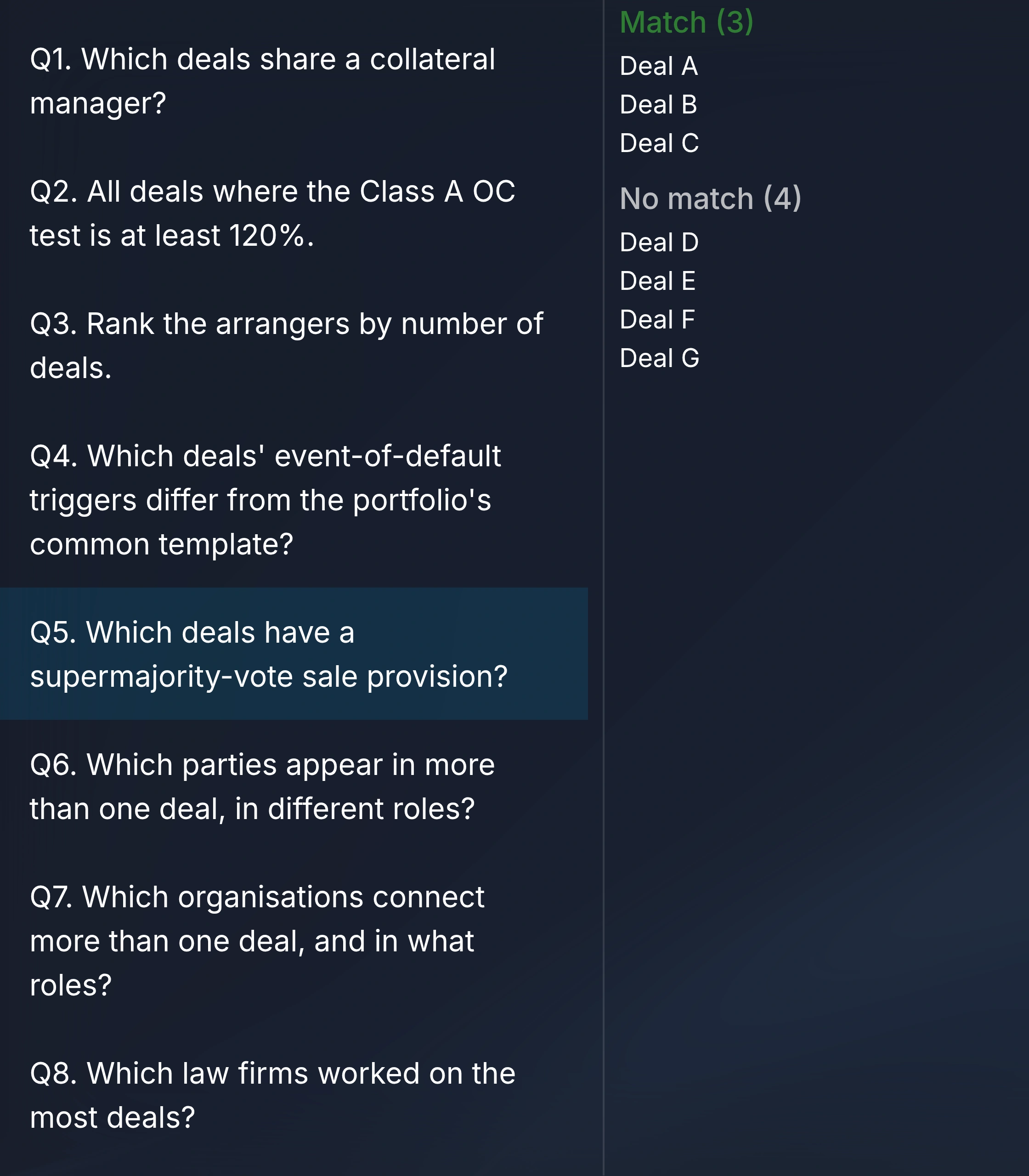 A list of prepared questions beside the answer to one of them: the deals that match and the deals that do not, each group with its count.