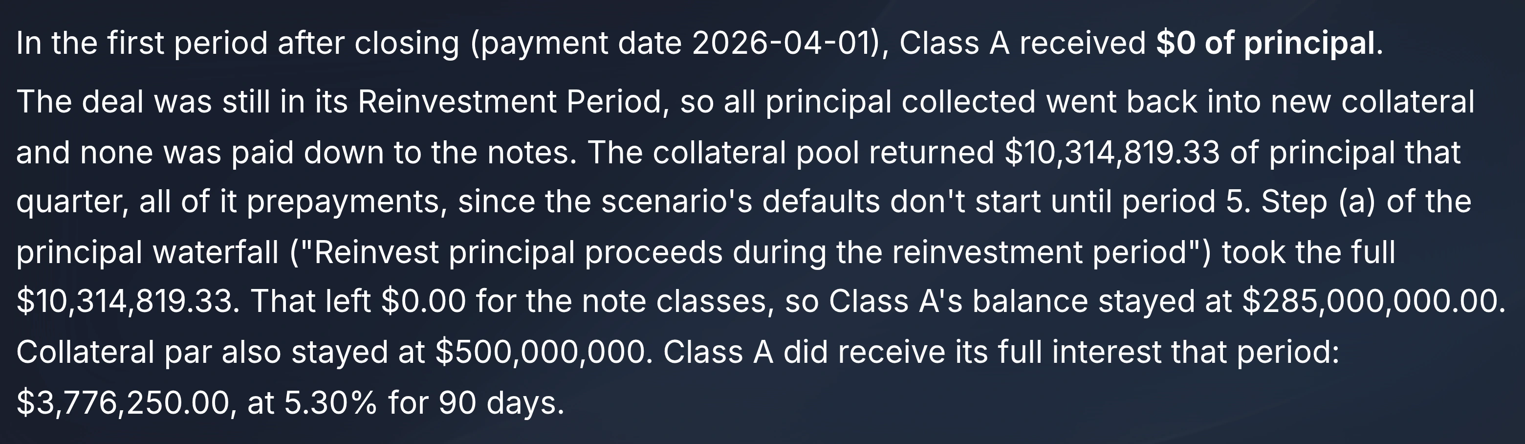 An agent's plain-language answer explaining why a note class received no principal in a payment period, using the waterfall step that applied.