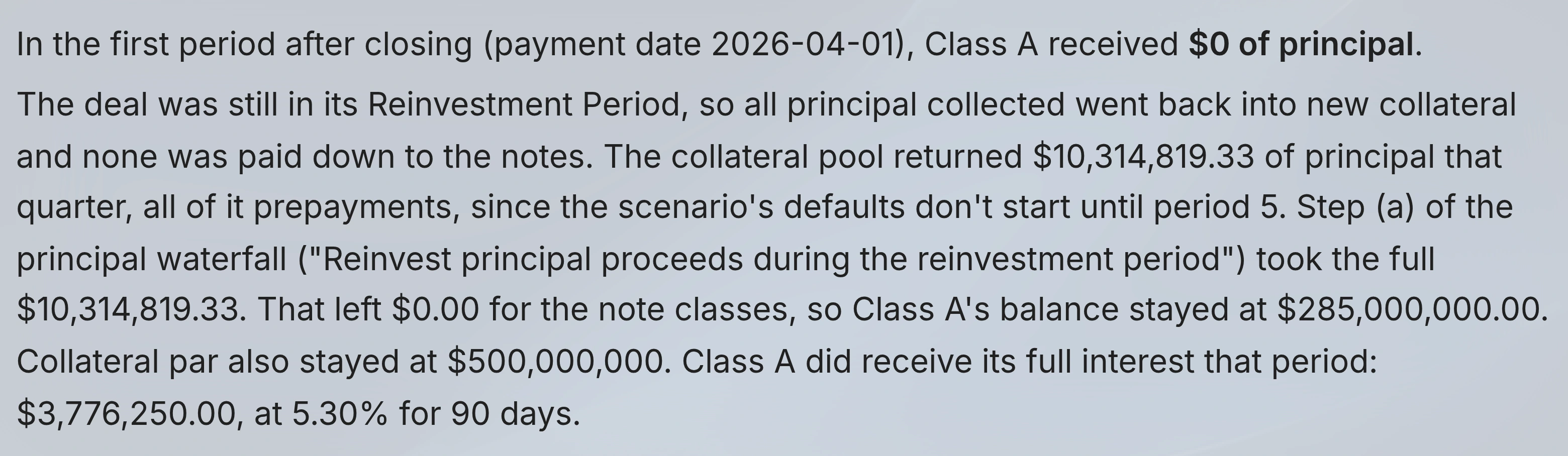 An agent's plain-language answer explaining why a note class received no principal in a payment period, using the waterfall step that applied.