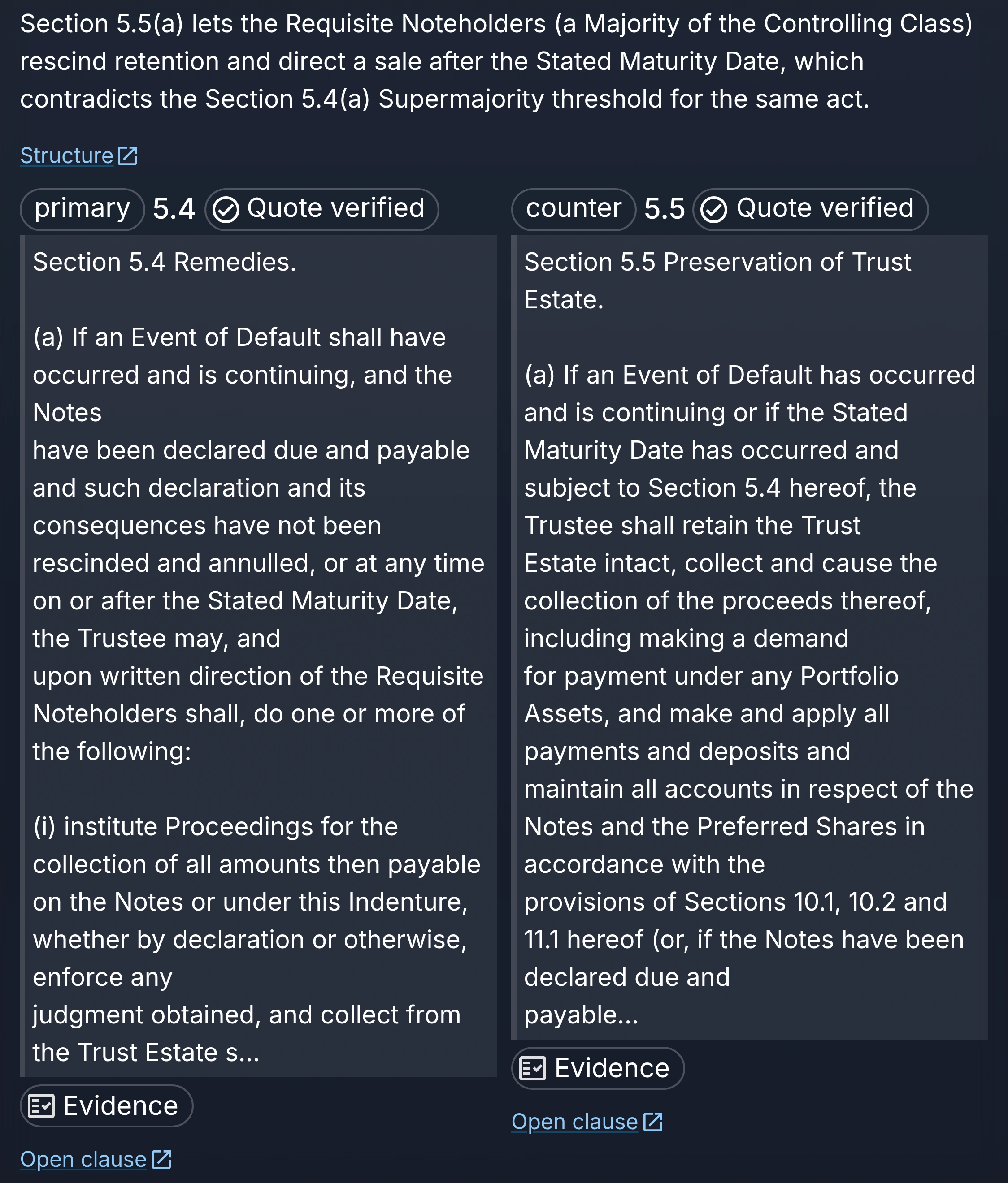 Two indenture sections shown side by side with the finding that they contradict each other.