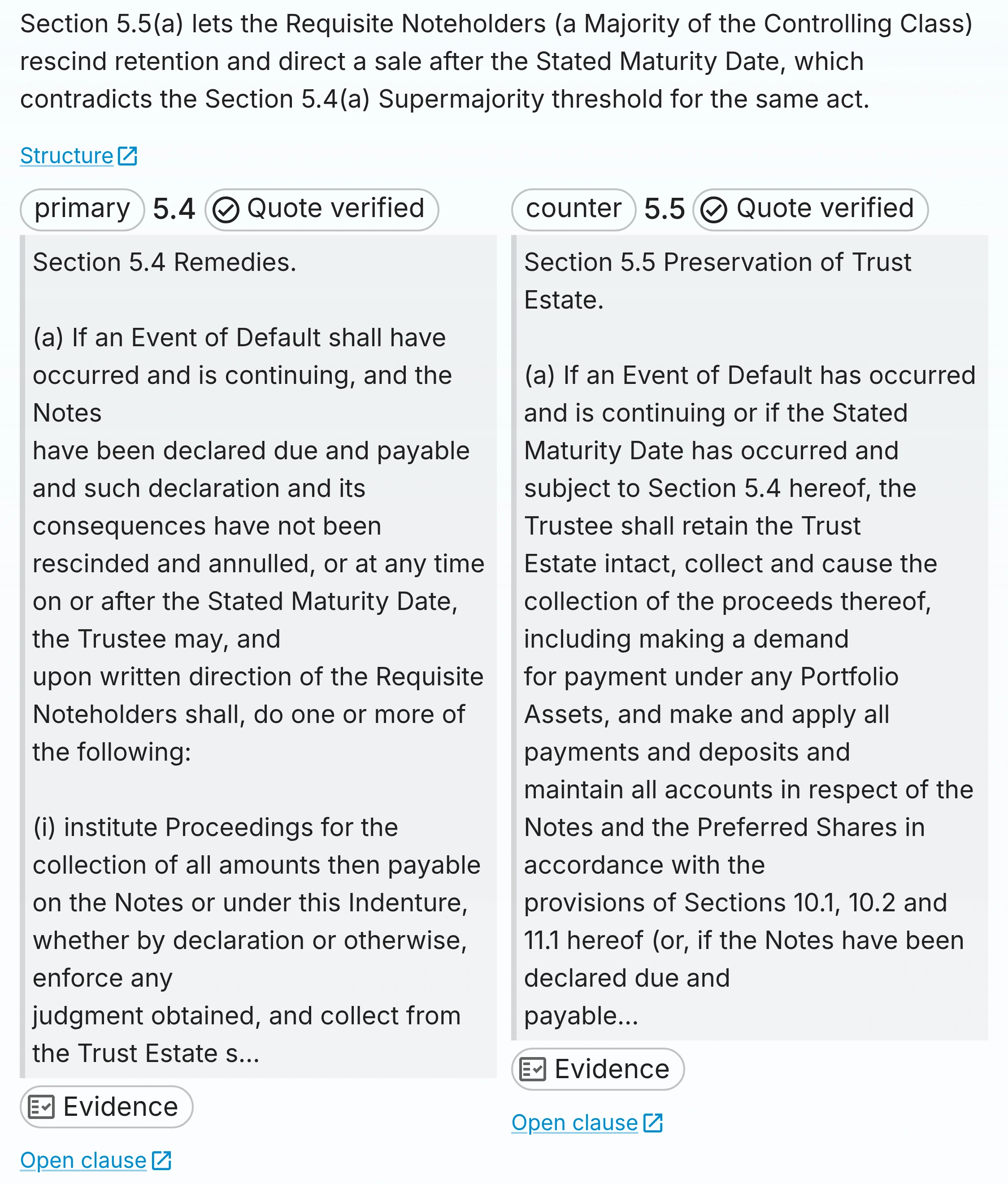 Two indenture sections shown side by side with the finding that they contradict each other.