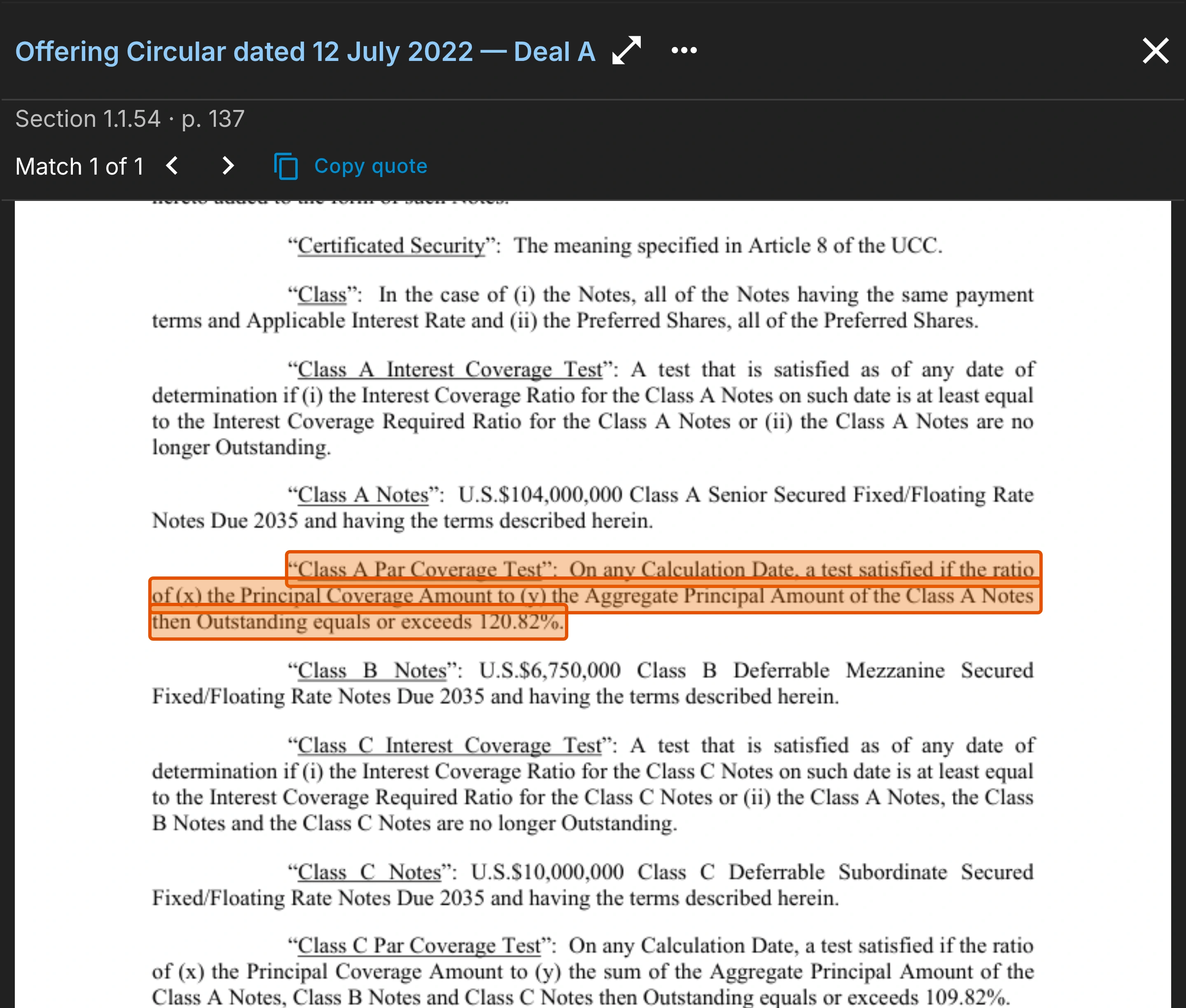 A panel showing the quoted sentence behind one coverage test level, with its section and page.
