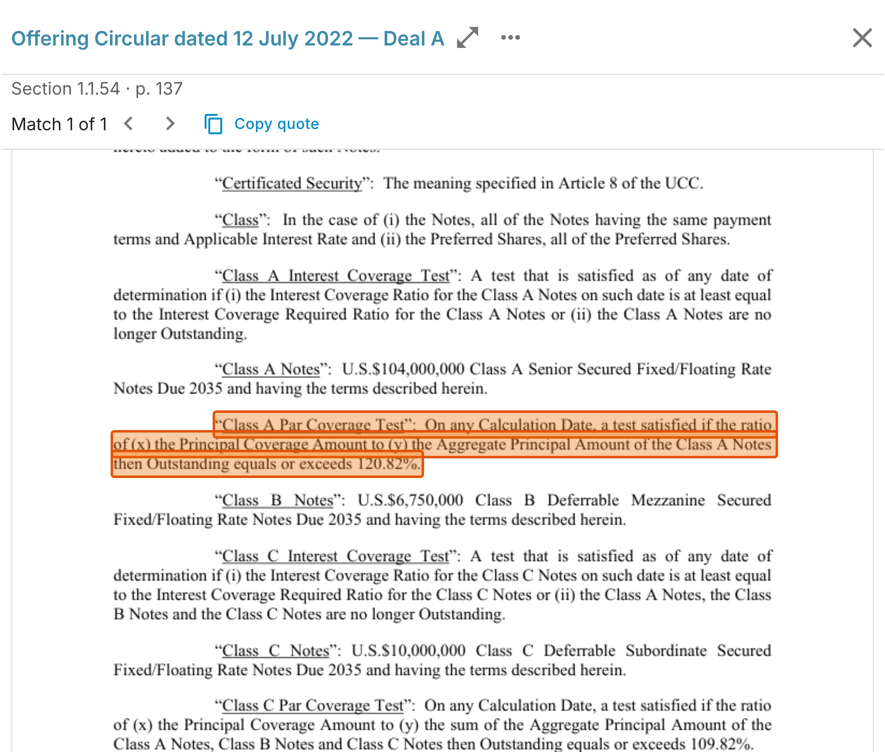 A panel showing the quoted sentence behind one coverage test level, with its section and page.