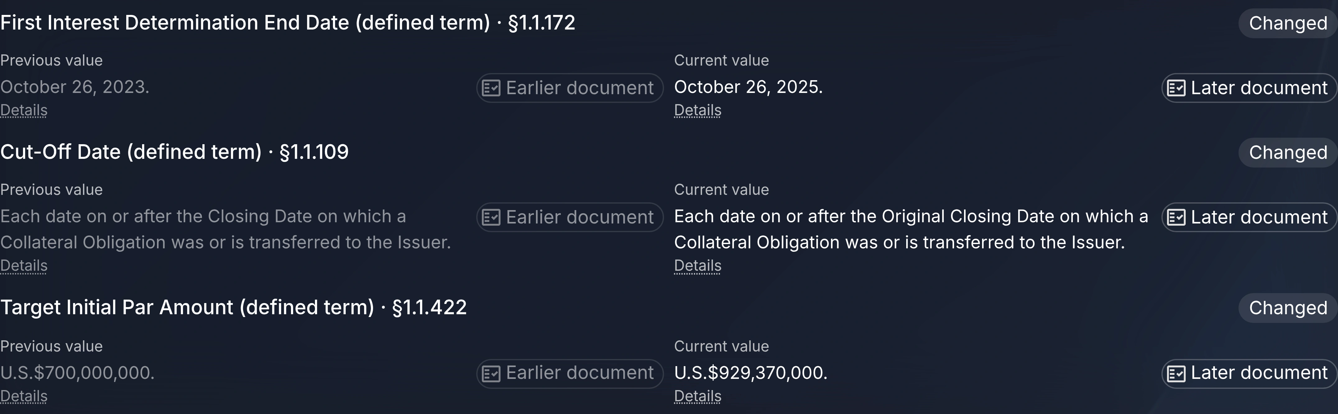 A comparison of two instruments of one deal, listing each changed term with its earlier and later wording.