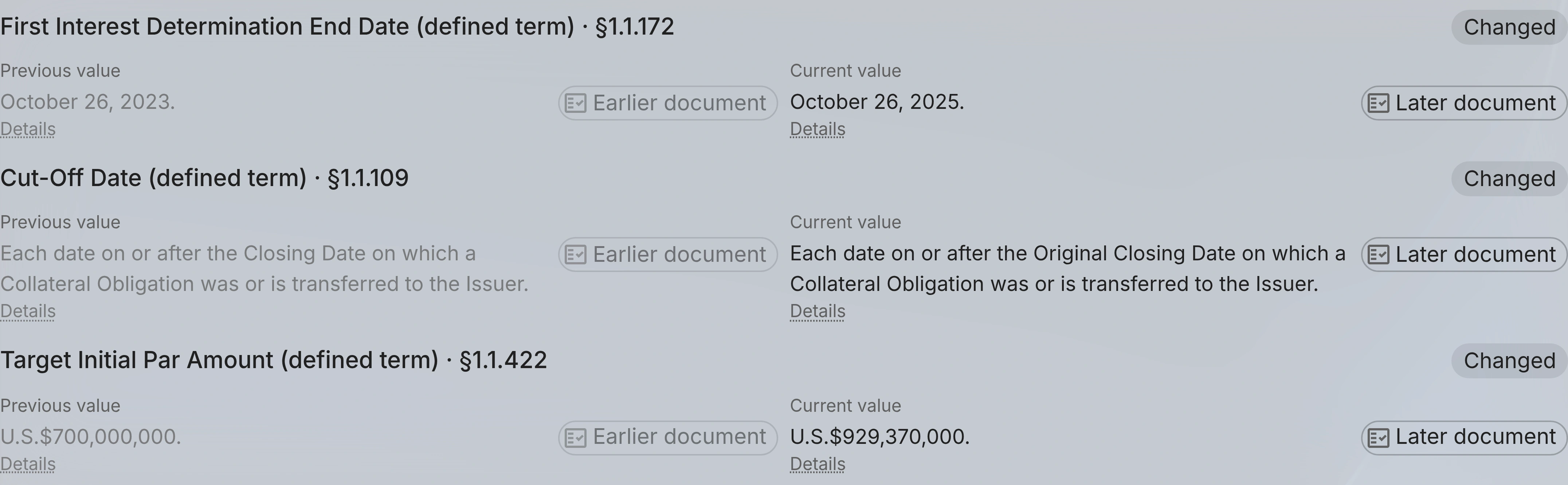 A comparison of two instruments of one deal, listing each changed term with its earlier and later wording.