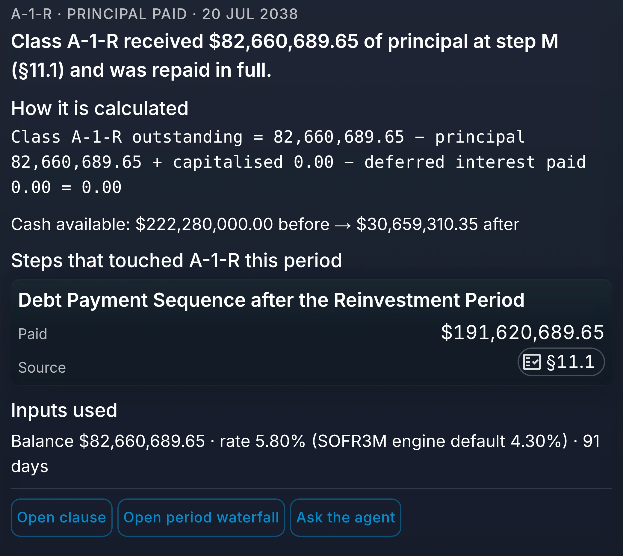 A panel explaining how a principal payment to a note class was calculated, with its clause.