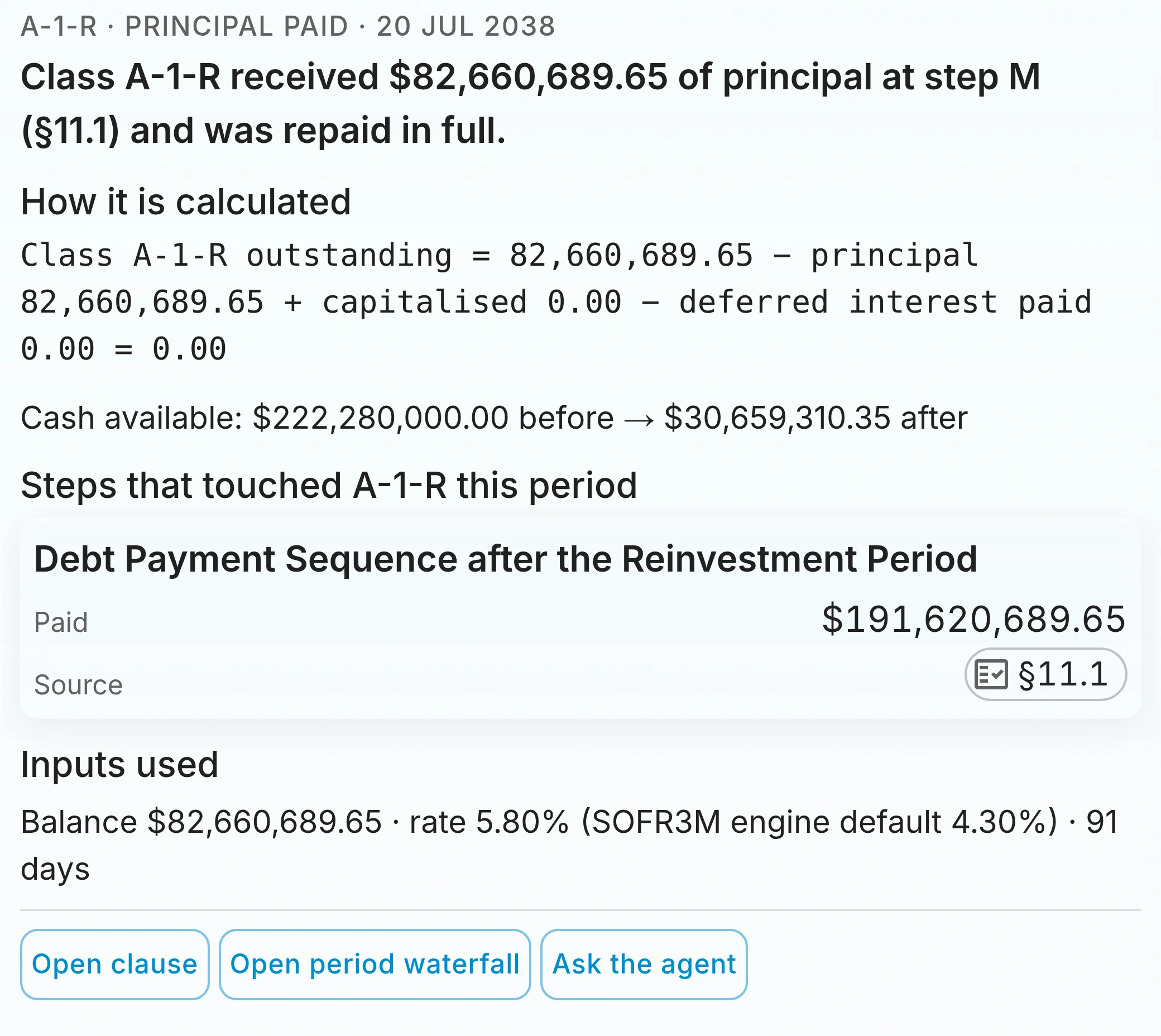 A panel explaining how a principal payment to a note class was calculated, with its clause.