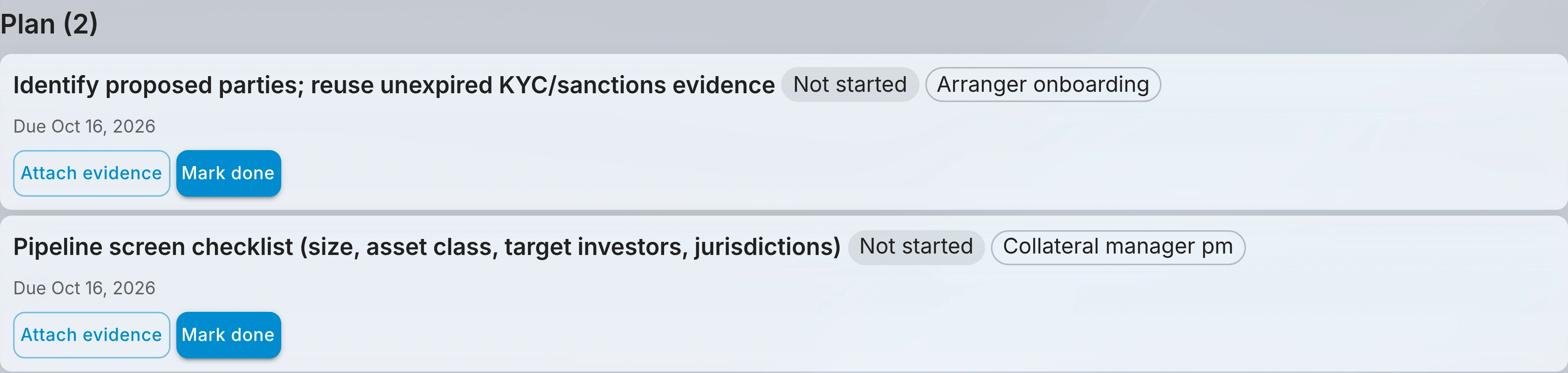 A deal's work plan: each task with its status, the role it is assigned to and its due date, with buttons to attach evidence and mark it done.