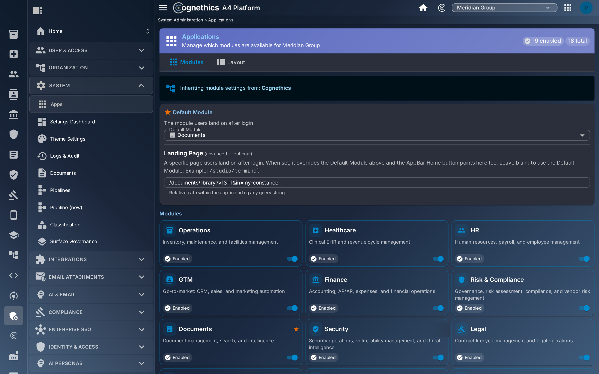 The A4 platform application catalog — every business module on one login and one audit trail